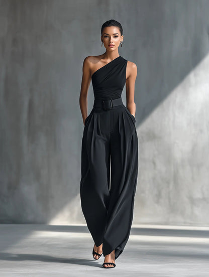 Elegant Black Jumpsuit for Women with One Shoulder Belted Wide Leg Formal Style