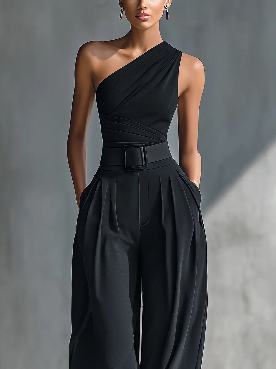 Elegant Black Jumpsuit for Women with One Shoulder Belted Wide Leg Formal Style