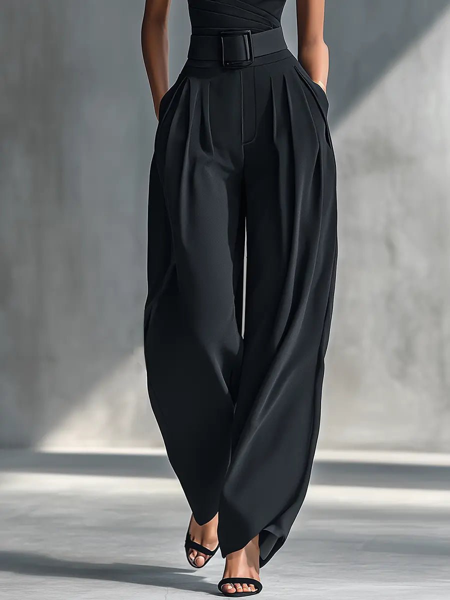 Elegant Black Jumpsuit for Women with One Shoulder Belted Wide Leg Formal Style