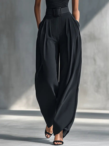Elegant Black Jumpsuit for Women with One Shoulder Belted Wide Leg Formal Style
