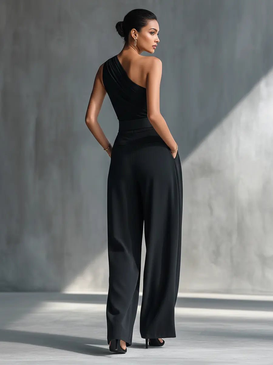 Elegant Black Jumpsuit for Women with One Shoulder Belted Wide Leg Formal Style