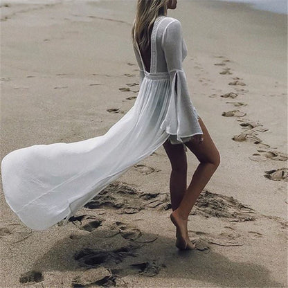 Effortless White Maxi Dress for Women with Open Back Flowy Kimono Tunic Cover-Up Style