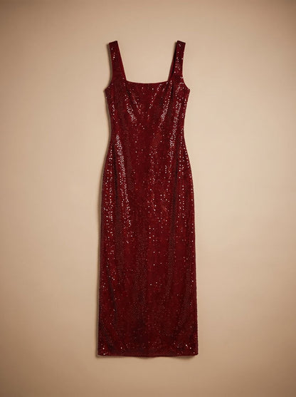 Elegant Sequin Wedding Guest Gown for Women with Square Neck Sleeveless Bodycon Floor-Length Formal Style