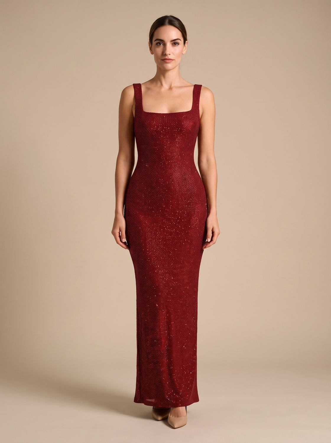 Elegant Sequin Wedding Guest Gown for Women with Square Neck Sleeveless Bodycon Floor-Length Formal Style