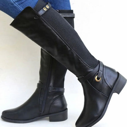 Comfortable Wide Calf Boots for Women with Knee High Elastic Panel Block Heel Round Toe Style
