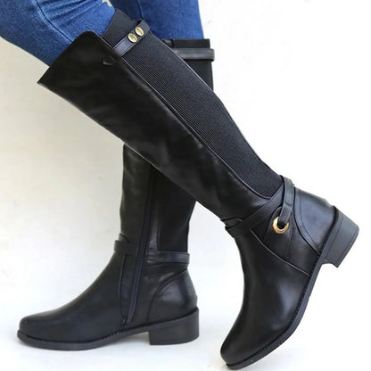 Elegant Leather Knee High Boots for Women with Ruched Ankle Strap Block Heel Casual Style