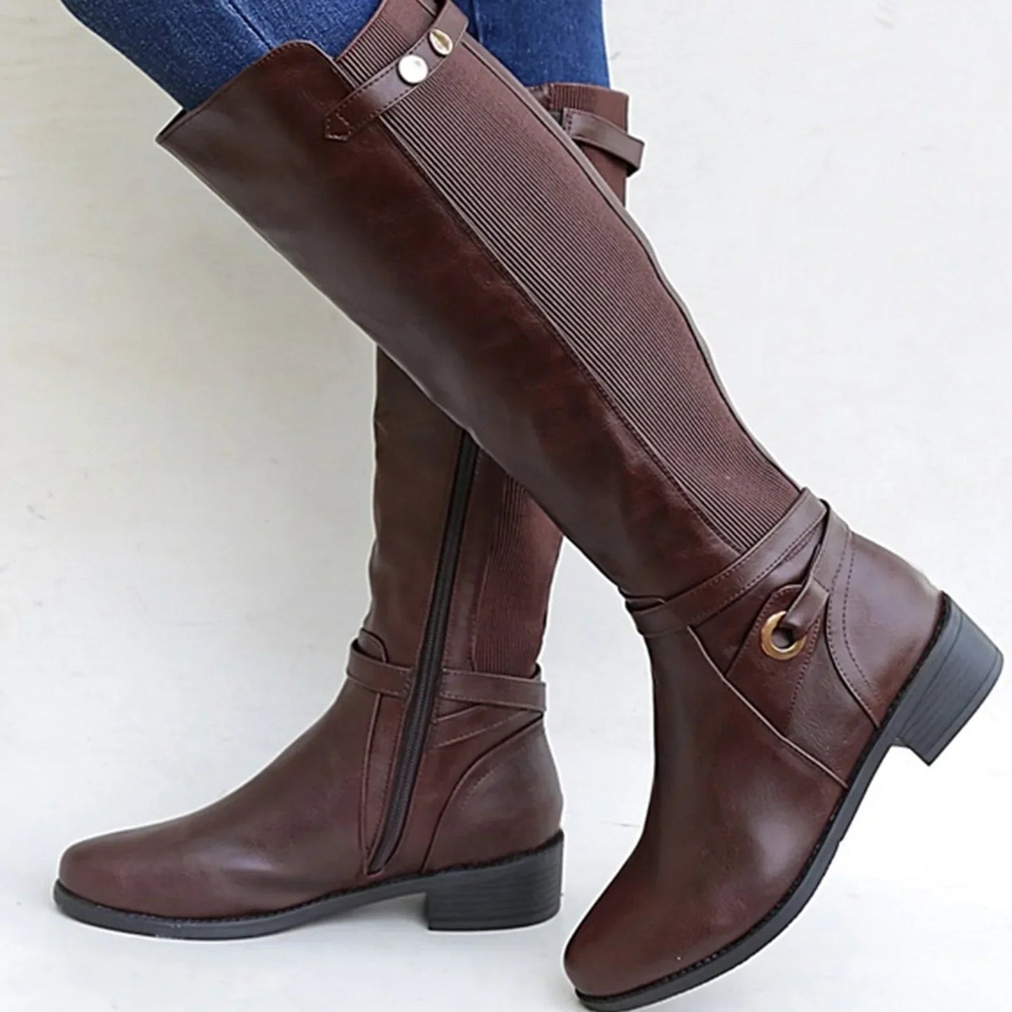 Elegant Leather Knee High Boots for Women with Ruched Ankle Strap Block Heel Casual Style