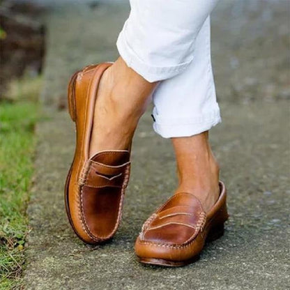 Classic Leather Penny Loafers for Women with Slip-On Moccasin Stitch Comfort Sole Round Toe Style