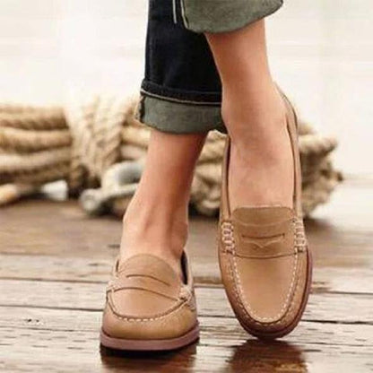 Classic Leather Penny Loafers for Women with Slip-On Moccasin Stitch Comfort Sole Round Toe Style