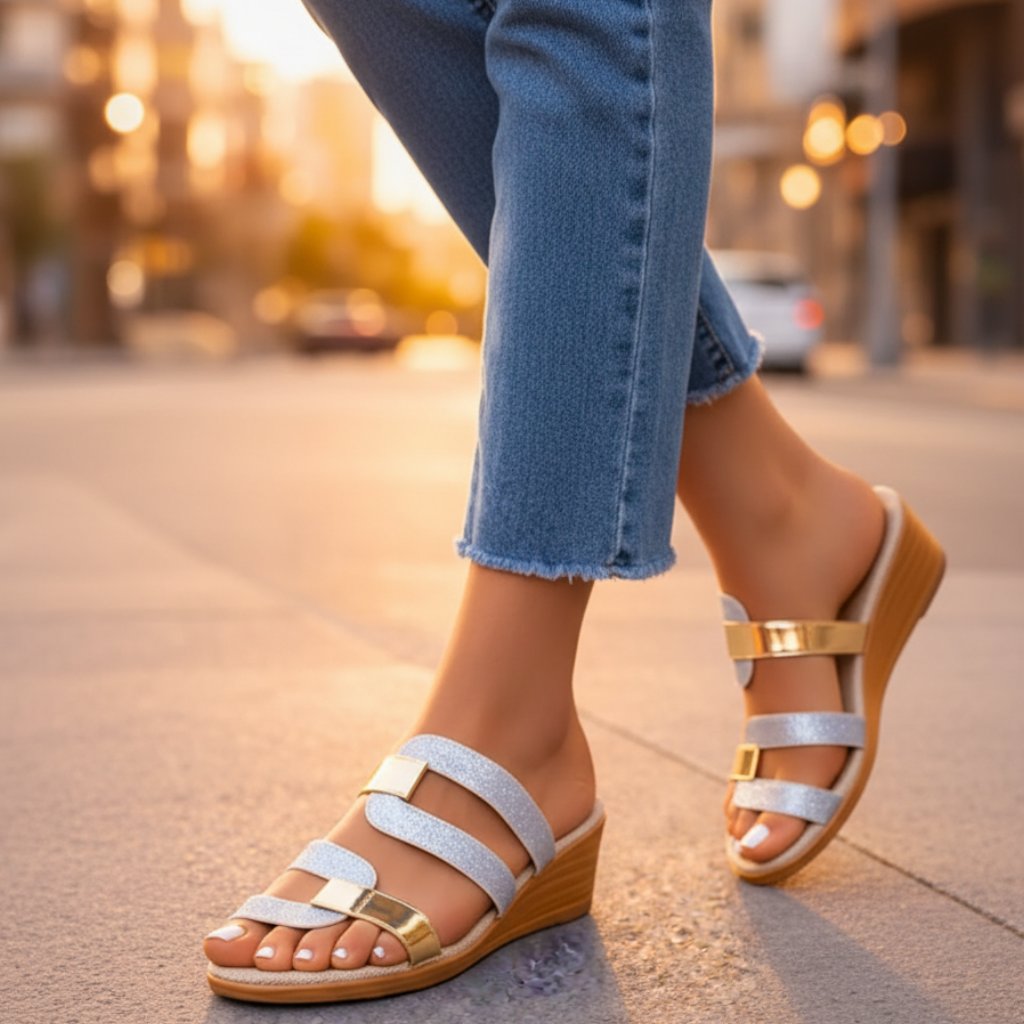 Comfortable Wedge Sandals for Women with Metallic Strap Platform Slip On Style