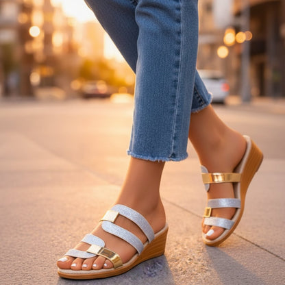 Comfortable Wedge Sandals for Women with Metallic Strap Platform Slip On Style