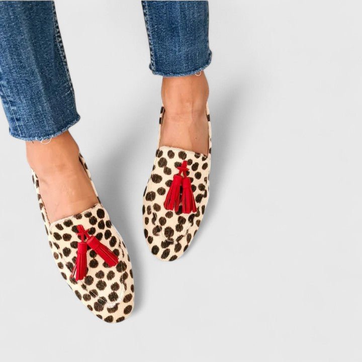 Stylish Beige Mules for Women with Animal Print Tassel Slip On Style