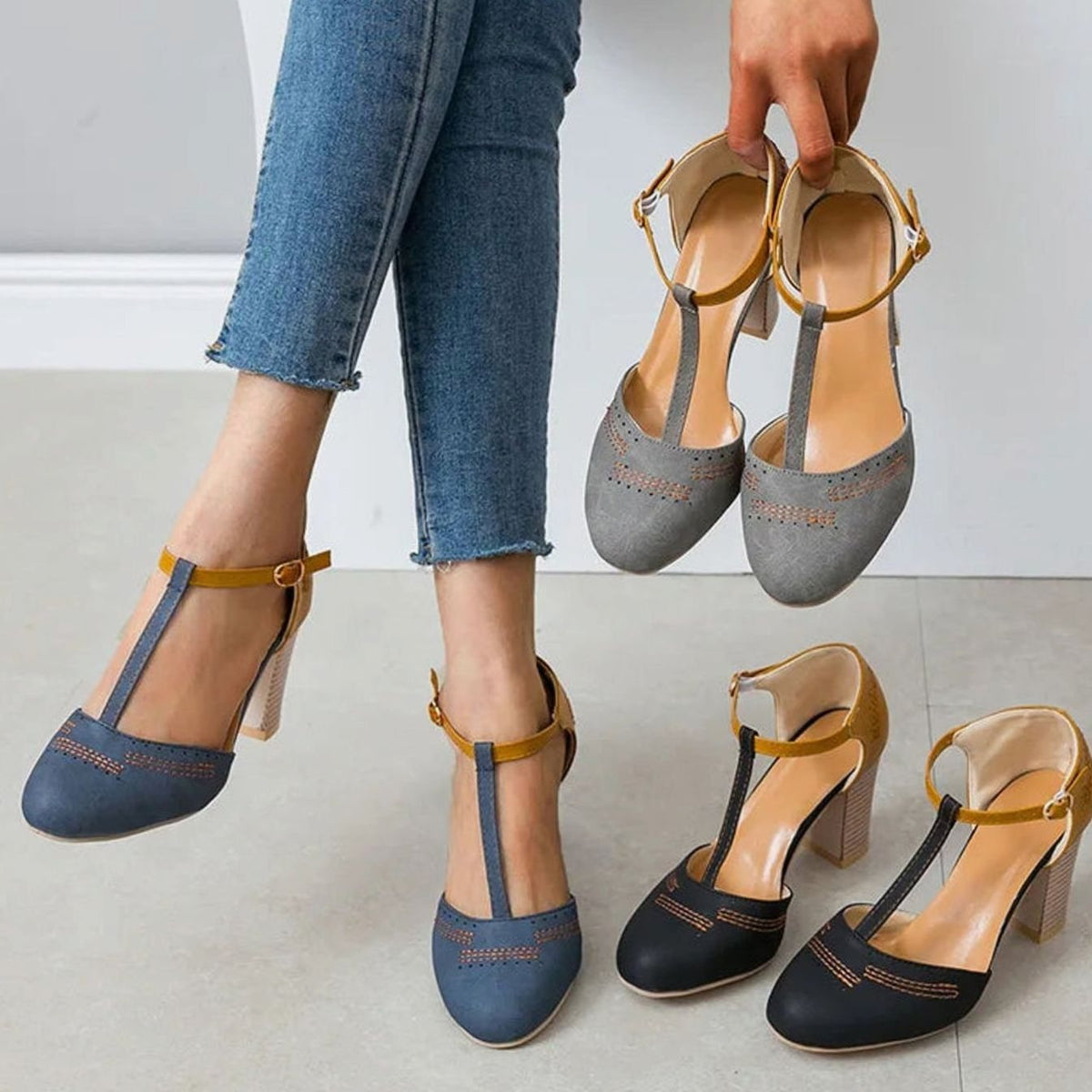 Comfortable Heels for Women with Round Toe T Strap Block Heel Orthopedic Style