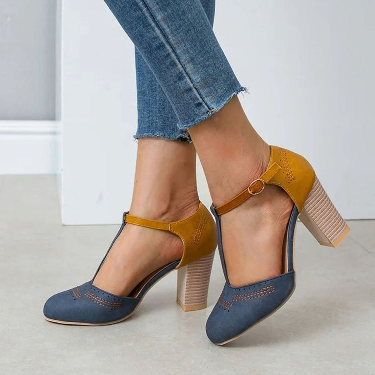 Comfortable Heels for Women with Round Toe T Strap Block Heel Orthopedic Style