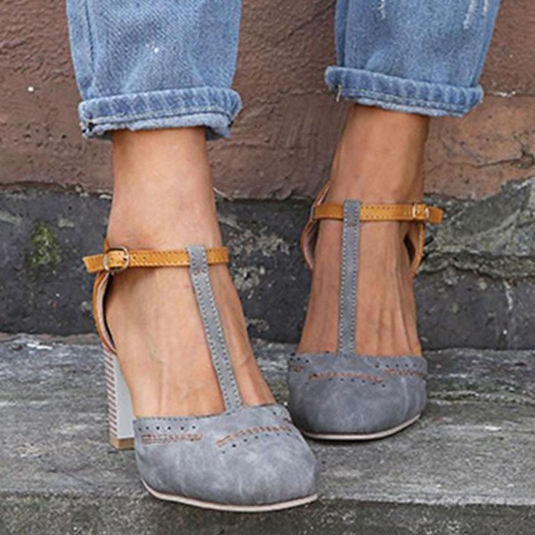 Comfortable Heels for Women with Round Toe T Strap Block Heel Orthopedic Style