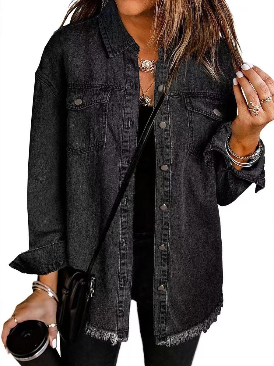 Effortless Denim Jacket for Women with Spread Collar Long Sleeve Snap Button Longline Frayed Style