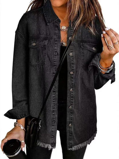 Effortless Denim Jacket for Women with Spread Collar Long Sleeve Snap Button Longline Frayed Style