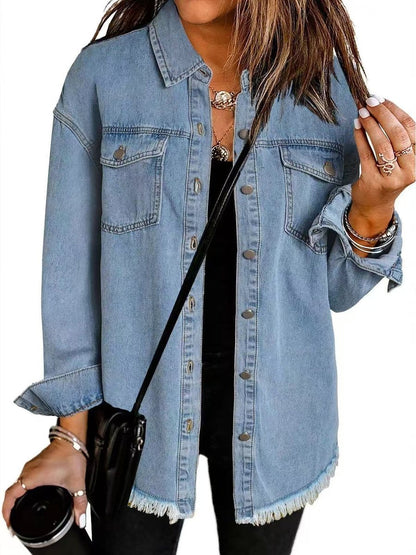 Effortless Denim Jacket for Women with Spread Collar Long Sleeve Snap Button Longline Frayed Style