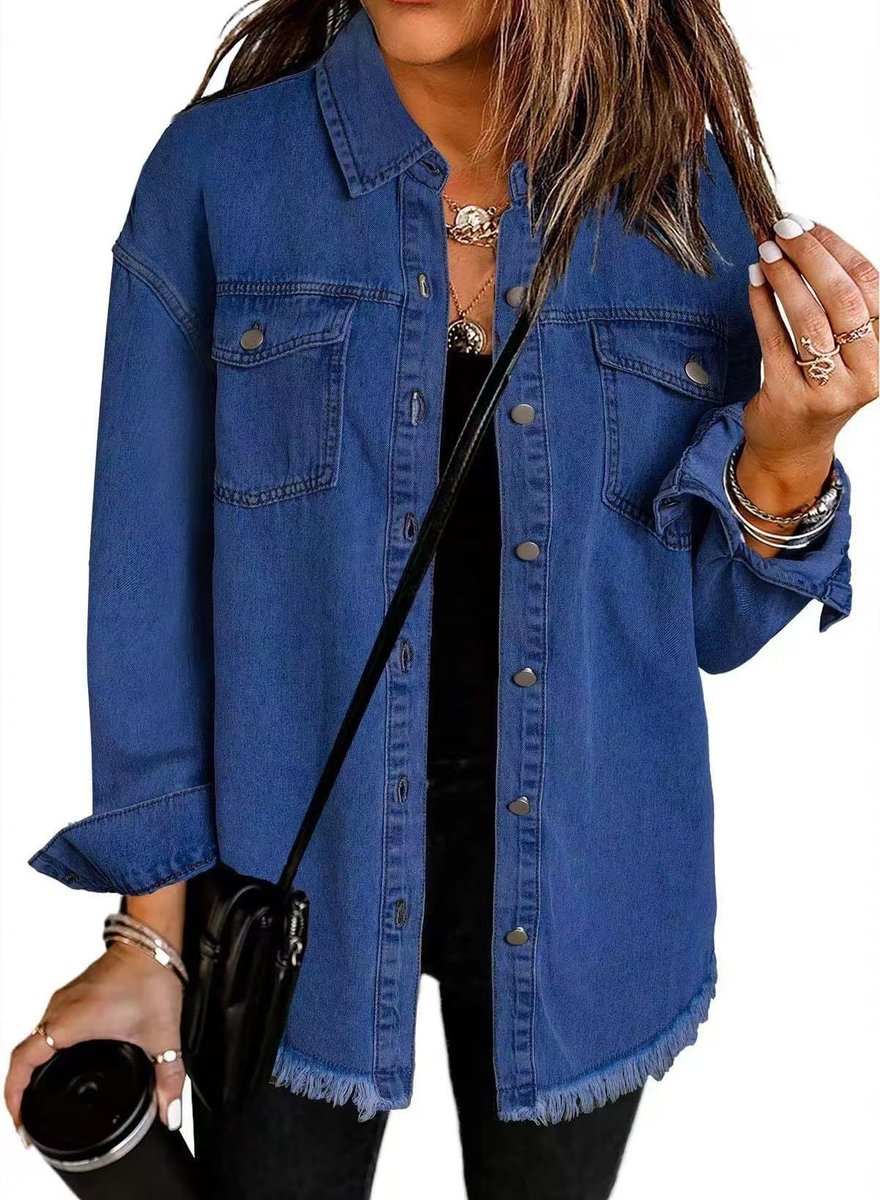 Effortless Denim Jacket for Women with Spread Collar Long Sleeve Snap Button Longline Frayed Style