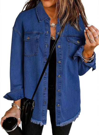 Effortless Denim Jacket for Women with Spread Collar Long Sleeve Snap Button Longline Frayed Style