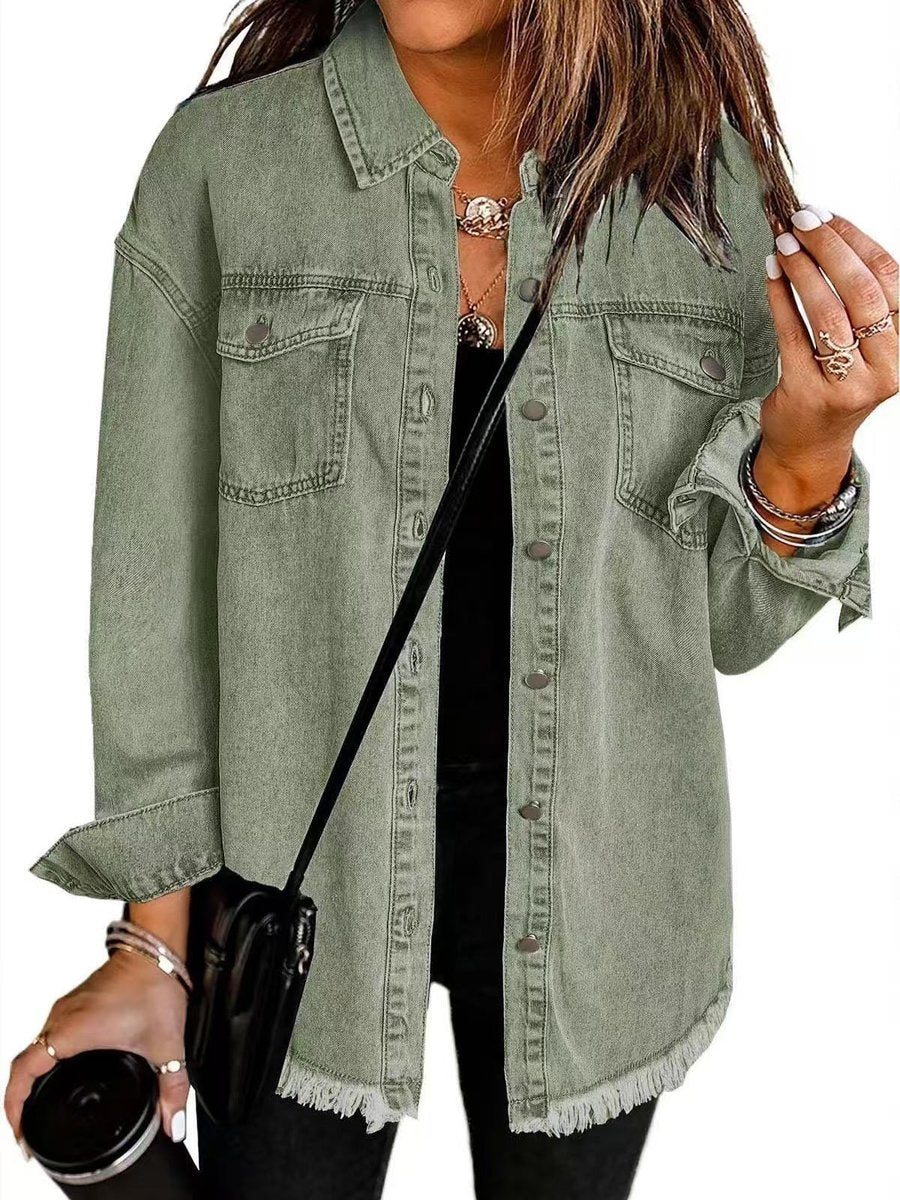 Effortless Denim Jacket for Women with Spread Collar Long Sleeve Snap Button Longline Frayed Style