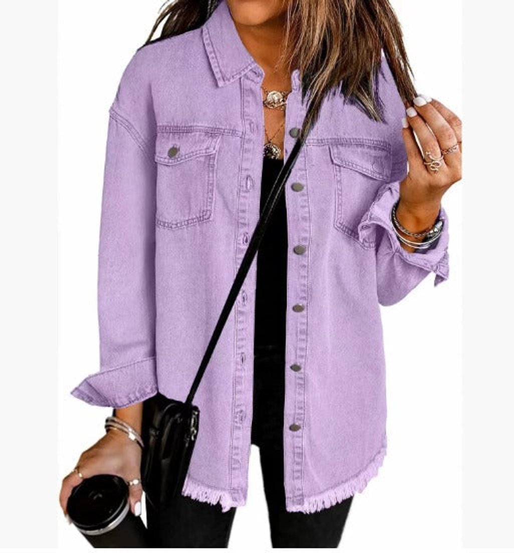 Effortless Denim Jacket for Women with Spread Collar Long Sleeve Snap Button Longline Frayed Style