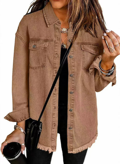 Effortless Denim Jacket for Women with Spread Collar Long Sleeve Snap Button Longline Frayed Style