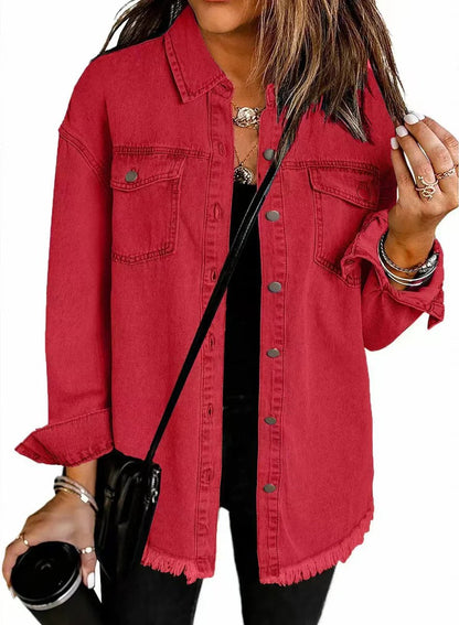 Effortless Denim Jacket for Women with Spread Collar Long Sleeve Snap Button Longline Frayed Style