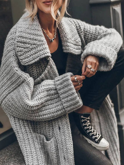 Effortless Cardigan Sweater for Women with Oversized Chunky Rib-Knit Longline Lapel
