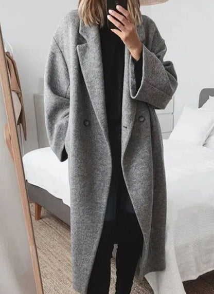 Refined Oversized Long Wool Coat for Women with Notched Lapel Double Breasted Relaxed Fit Tailored Winter Style
