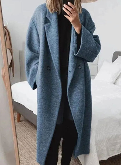 Refined Oversized Long Wool Coat for Women with Notched Lapel Double Breasted Relaxed Fit Tailored Winter Style