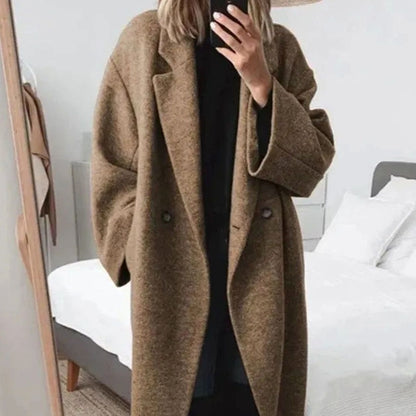 Refined Oversized Long Wool Coat for Women with Notched Lapel Double Breasted Relaxed Fit Tailored Winter Style