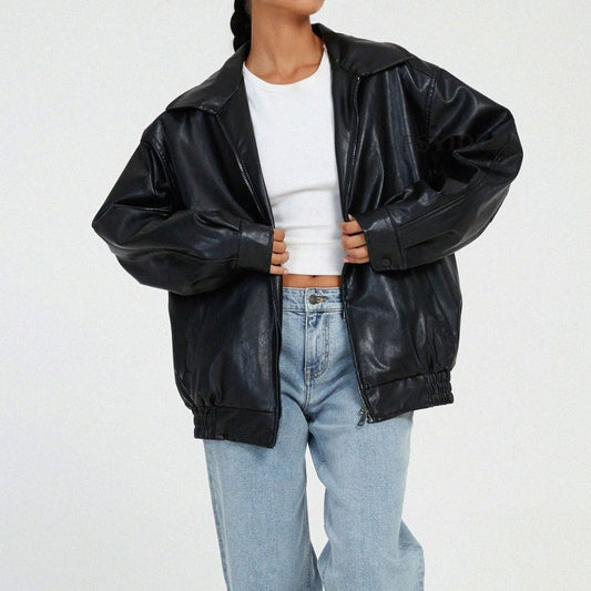 Sleek Oversized Faux Leather Jacket for Women with Zip Front Drop Shoulder Relaxed Trendy Style