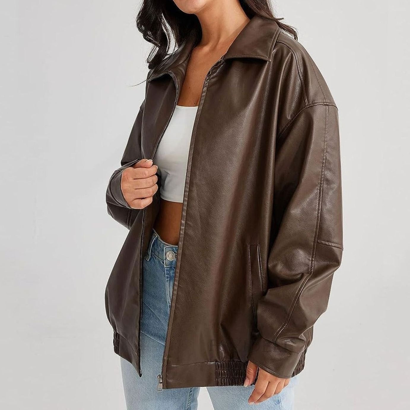 Sleek Oversized Faux Leather Jacket for Women with Zip Front Drop Shoulder Relaxed Trendy Style