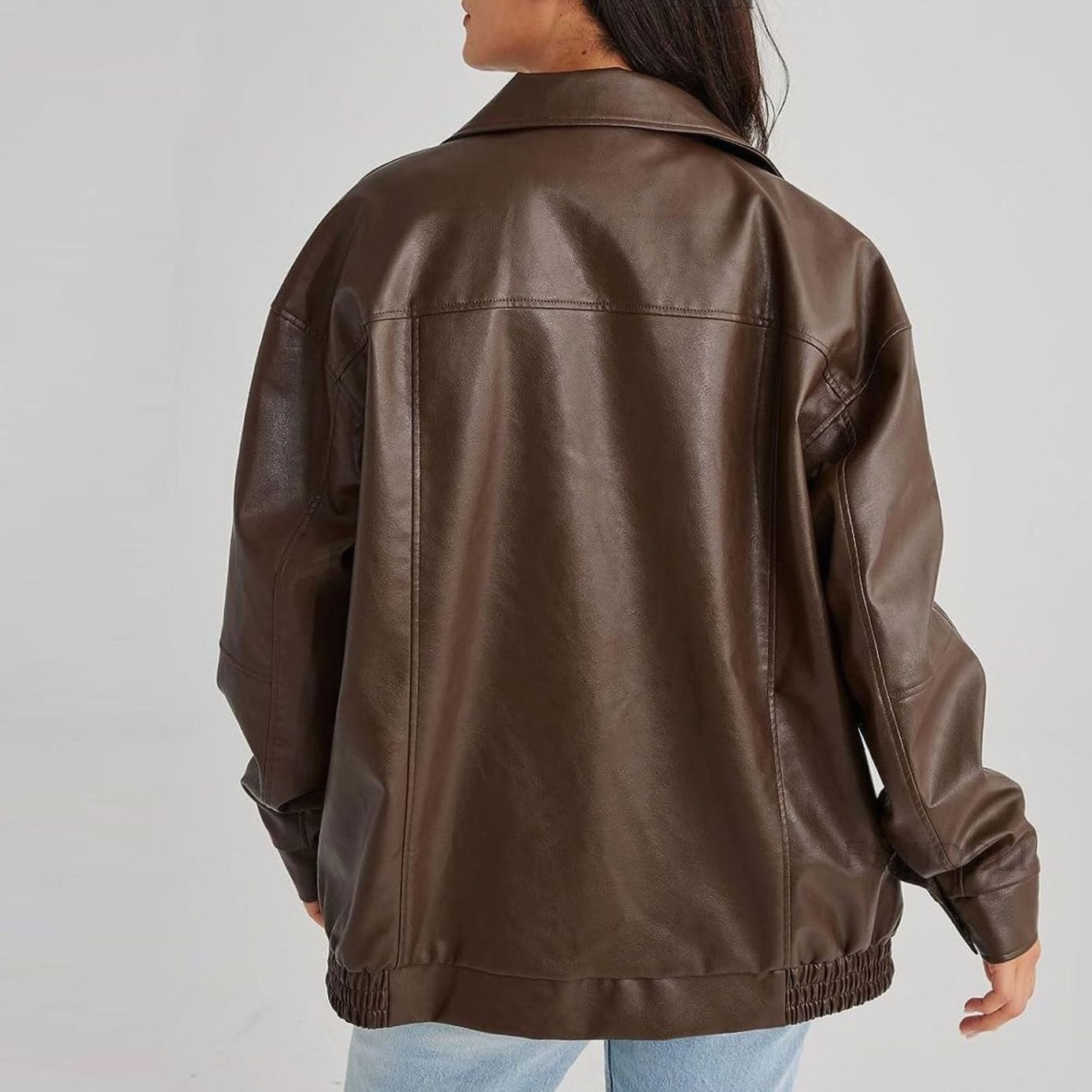 Sleek Oversized Faux Leather Jacket for Women with Zip Front Drop Shoulder Relaxed Trendy Style
