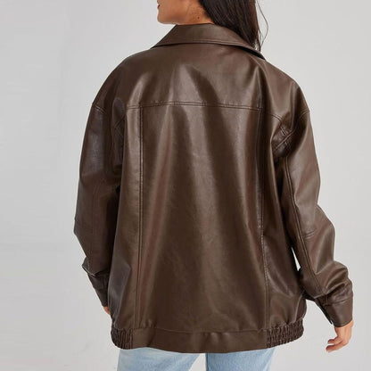 Sleek Oversized Faux Leather Jacket for Women with Zip Front Drop Shoulder Relaxed Trendy Style