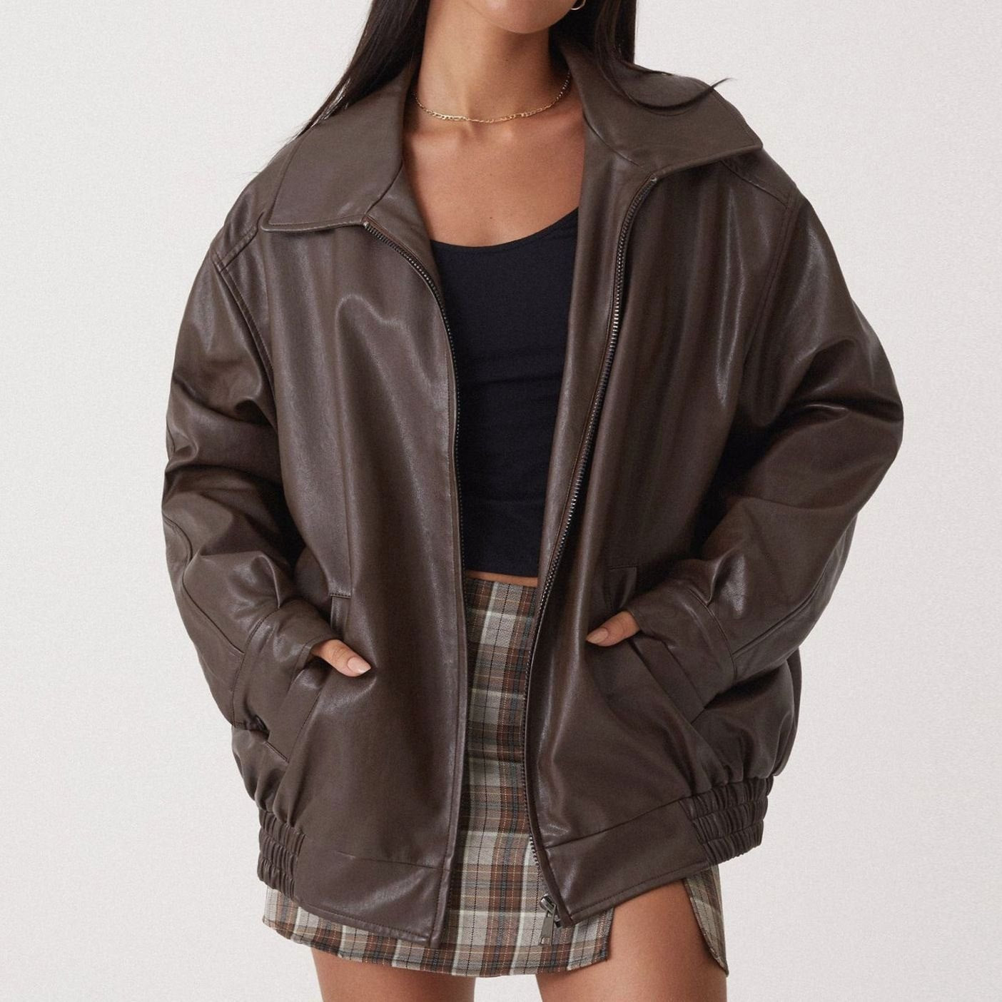 Sleek Oversized Faux Leather Jacket for Women with Zip Front Drop Shoulder Relaxed Trendy Style