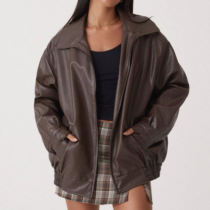 Sleek Oversized Faux Leather Jacket for Women with Zip Front Drop Shoulder Relaxed Trendy Style