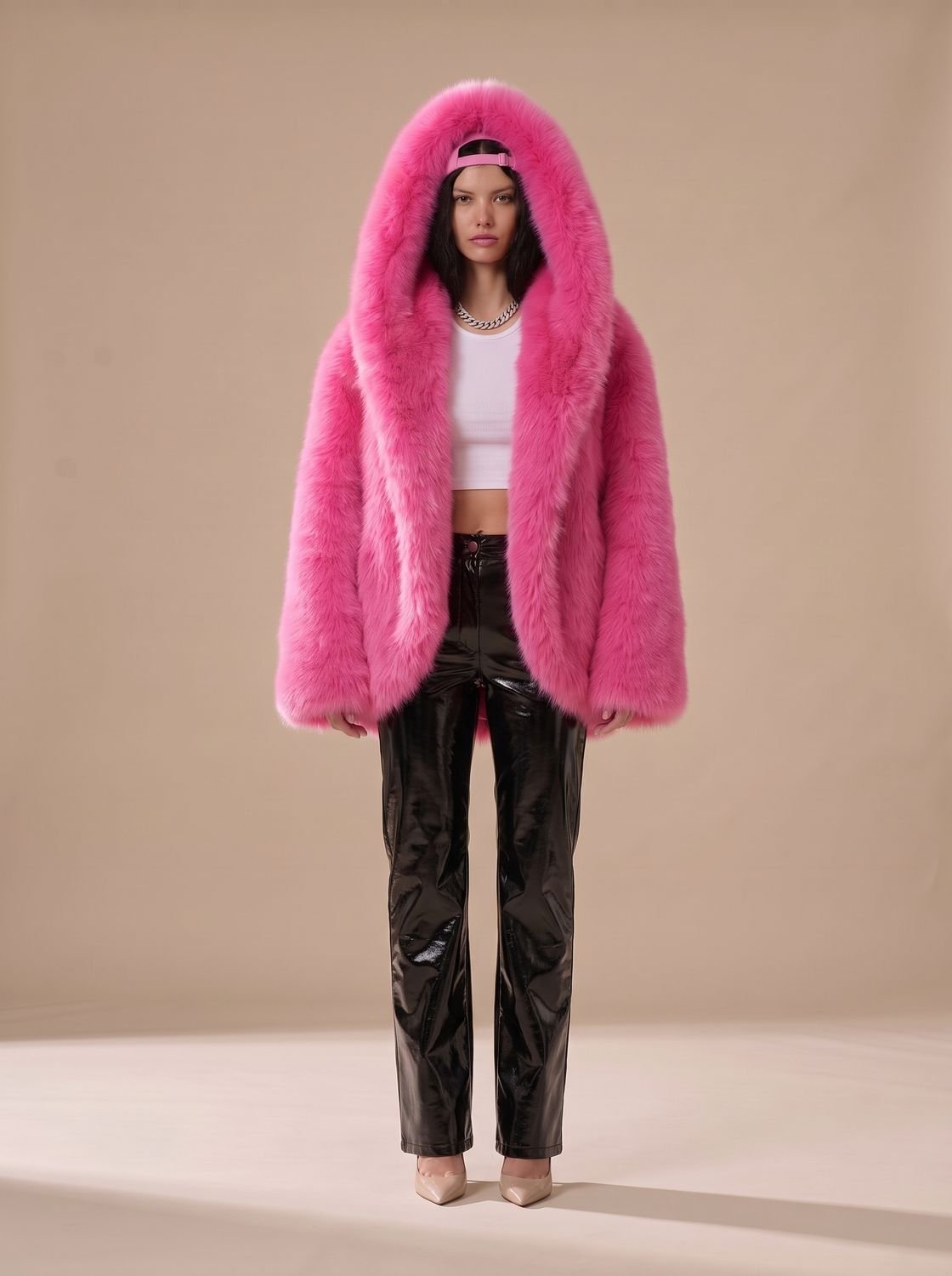 Cozy Faux Fur Coat for Women with Hooded Collar Long Sleeve Fluffy Oversized Winter Style