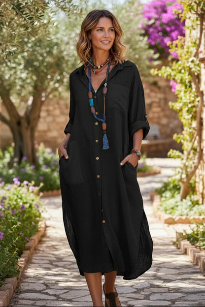 Effortless Button Front Dress for Women with V Neck Long Sleeve Flowy Midi Casual Style