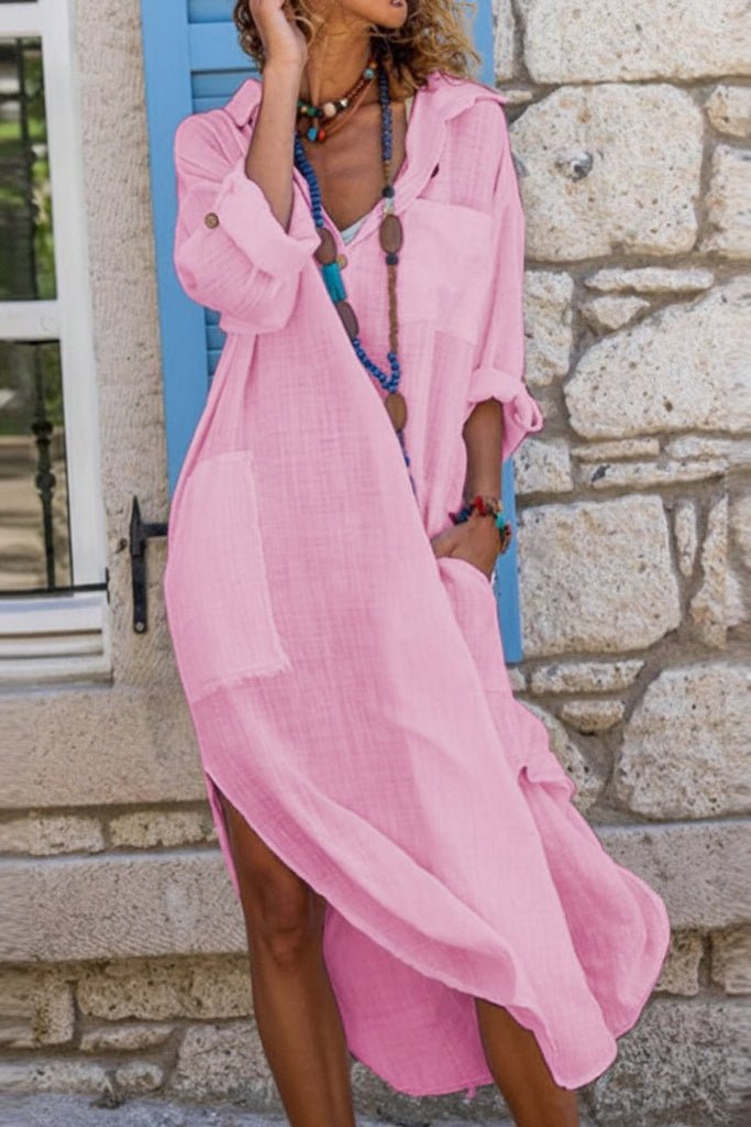 Effortless Button Front Dress for Women with V Neck Long Sleeve Flowy Midi Casual Style