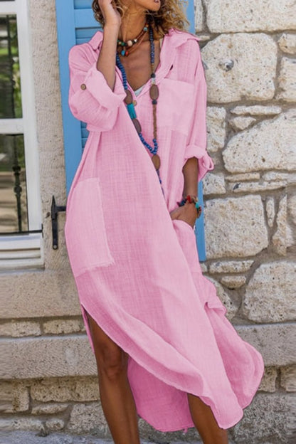 Effortless Button Front Dress for Women with V Neck Long Sleeve Flowy Midi Casual Style