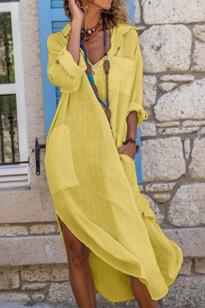 Effortless Button Front Dress for Women with V Neck Long Sleeve Flowy Midi Casual Style