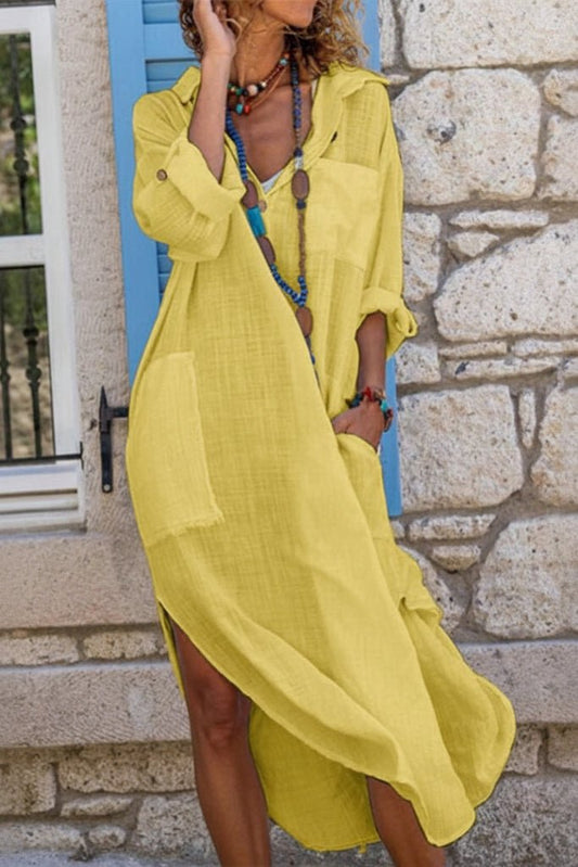 Effortless Yellow Dress for Women with V Neck Long Sleeve Flowy Midi Casual Style