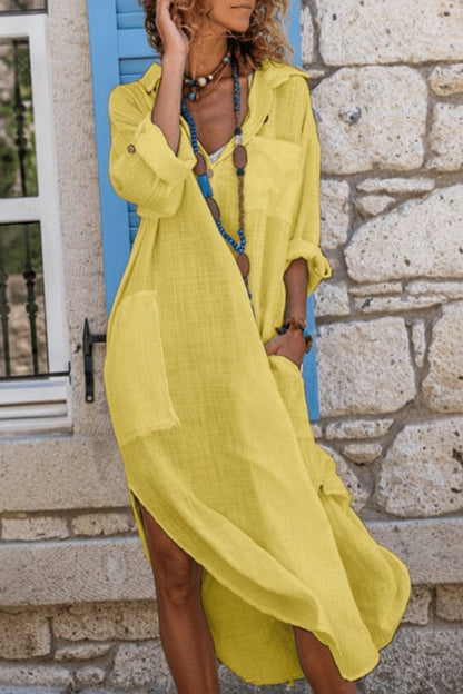 Effortless Button Front Dress for Women with V Neck Long Sleeve Flowy Midi Casual Style