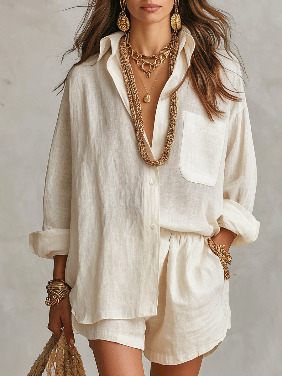 Effortless Linen Short Set for Women with Button Front Long Sleeve Relaxed Two Piece Style