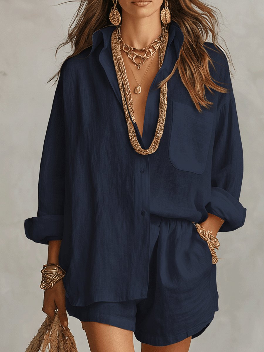Effortless Linen Short Set for Women with Button Front Long Sleeve Relaxed Two Piece Style