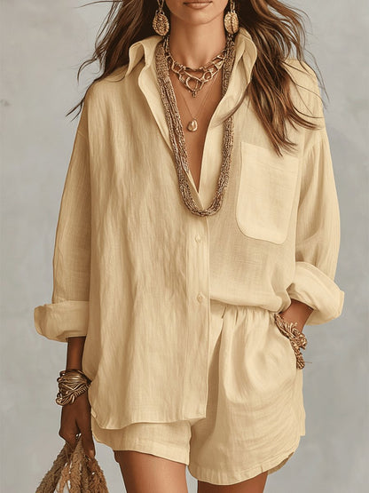 Effortless Linen Short Set for Women with Button Front Long Sleeve Relaxed Two Piece Style