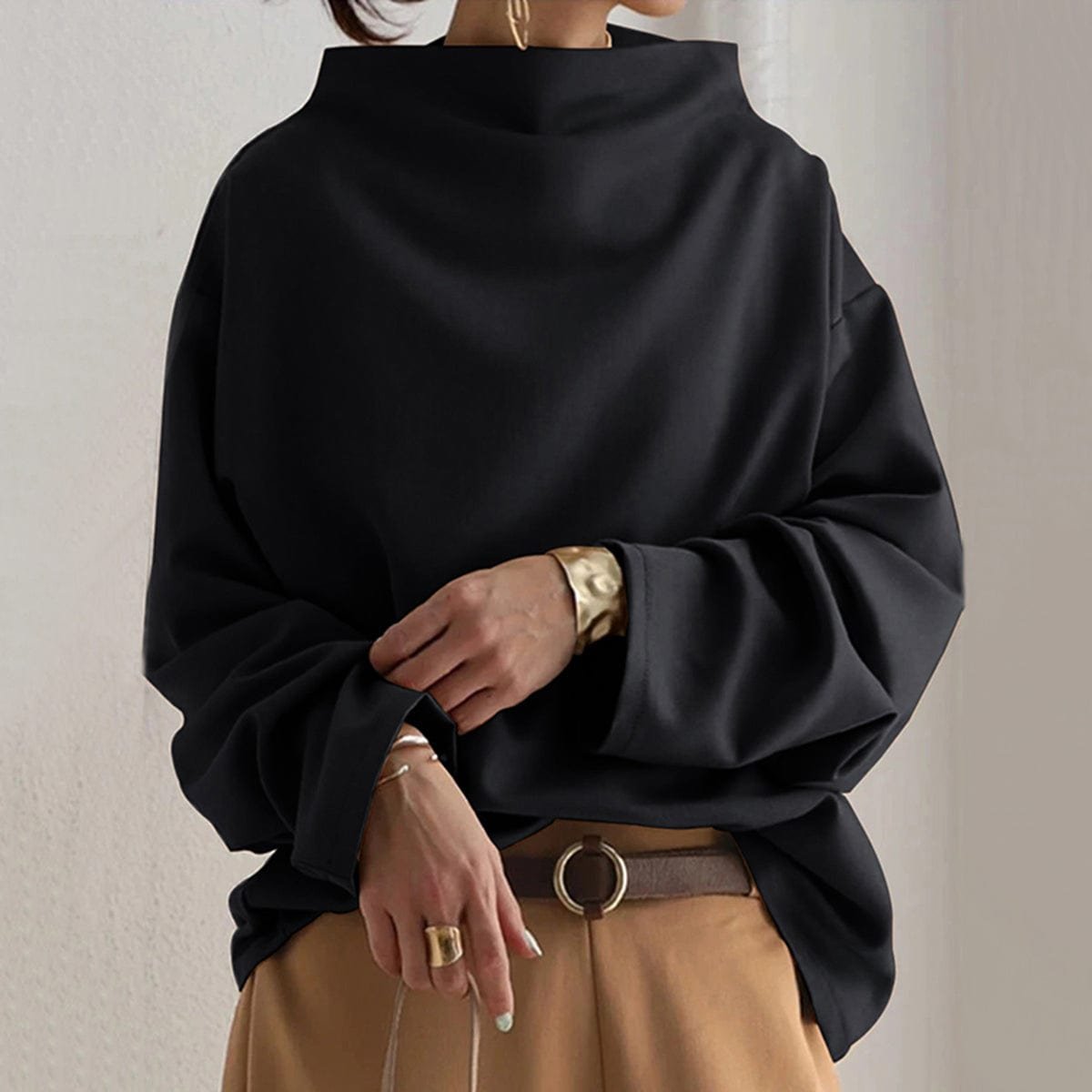 Comfortable Oversized Sweater for Women with High Neck Long Sleeve Relaxed Batwing Knit Style