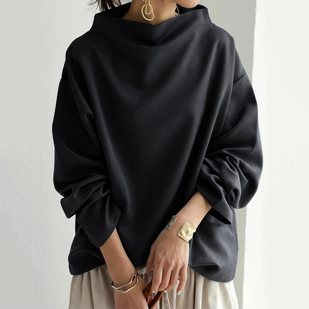 Comfortable Oversized Sweater for Women with High Neck Long Sleeve Relaxed Batwing Knit Style
